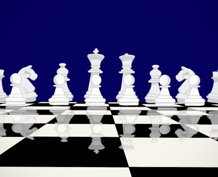 A landscape illustration of the white chess pieces ordered on a reflective chessboard