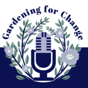 The logo of Gardening for Change, a navy microphone surrounded by a wreath of lavender-flowered branches
