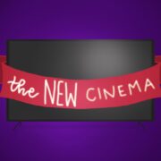 A TV screen is wrapped in a fancy red ribbon that reads "the NEW cinema"
