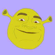 Shrek's face on a light purple background
